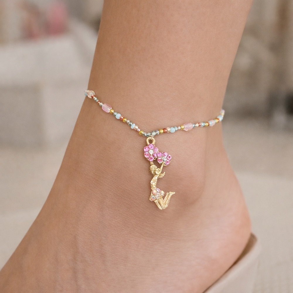 Rhinestone Cheerleader Charm Beaded Anklet